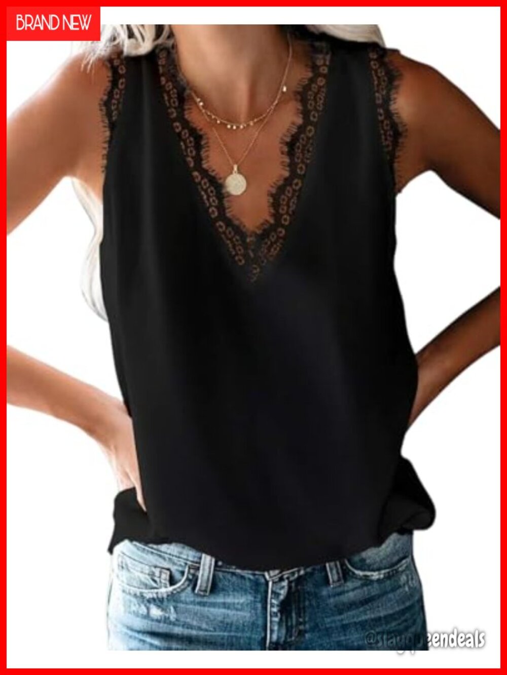 Lace Trim V-Neck Tank Top Summer Sleeveless Blouse